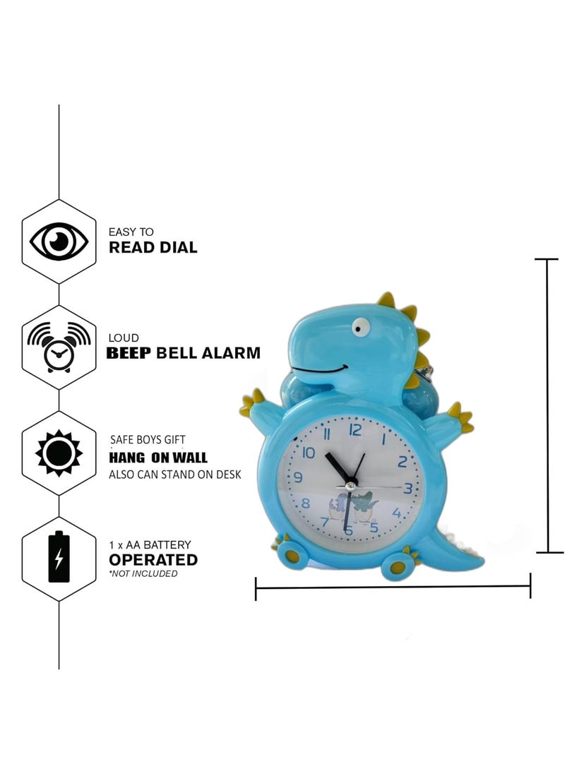 ARTLABEL Dino Shape Analog Battery Operated Alarm Clock with Loud Bell Alarm Clock Night Light for Kids Students Study Room Home Office Decor Gift Blue