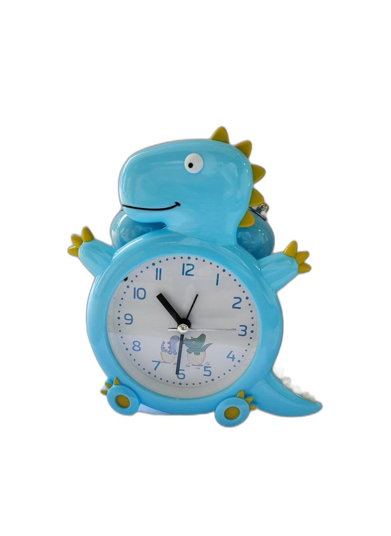 ARTLABEL Dino Shape Analog Battery Operated Alarm Clock with Loud Bell Alarm Clock Night Light for Kids Students Study Room Home Office Decor Gift Blue