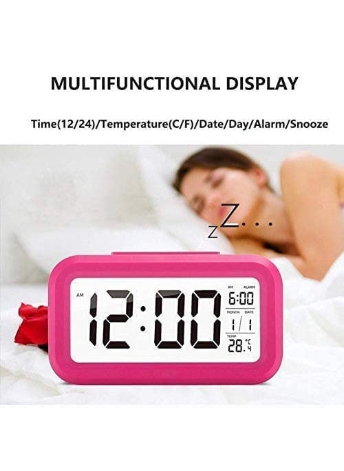 NXZ Digital Alarm Clock for Home Bedroom with Smart Automatic Sensor Backlight LCD ScreenDate Temperature for Students Desk TableABS PlasticBlackMedium Pink
