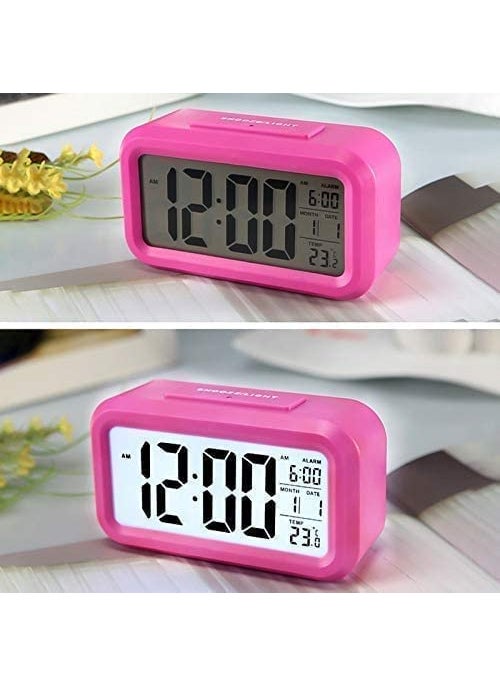 NXZ Digital Alarm Clock for Home Bedroom with Smart Automatic Sensor Backlight LCD ScreenDate Temperature for Students Desk TableABS PlasticBlackMedium Pink