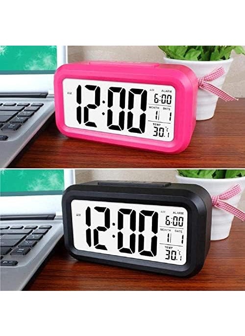 NXZ Digital Alarm Clock for Home Bedroom with Smart Automatic Sensor Backlight LCD ScreenDate Temperature for Students Desk TableABS PlasticBlackMedium Pink