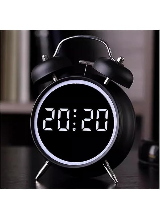 PROSFIA Small Children Kids Digital led Table Alarm Mirror Twin Bell Clock LED Display Digital Clock with Night Light USB RechargeableBattery Operated Loud Bell Metal Alarm Clock Black