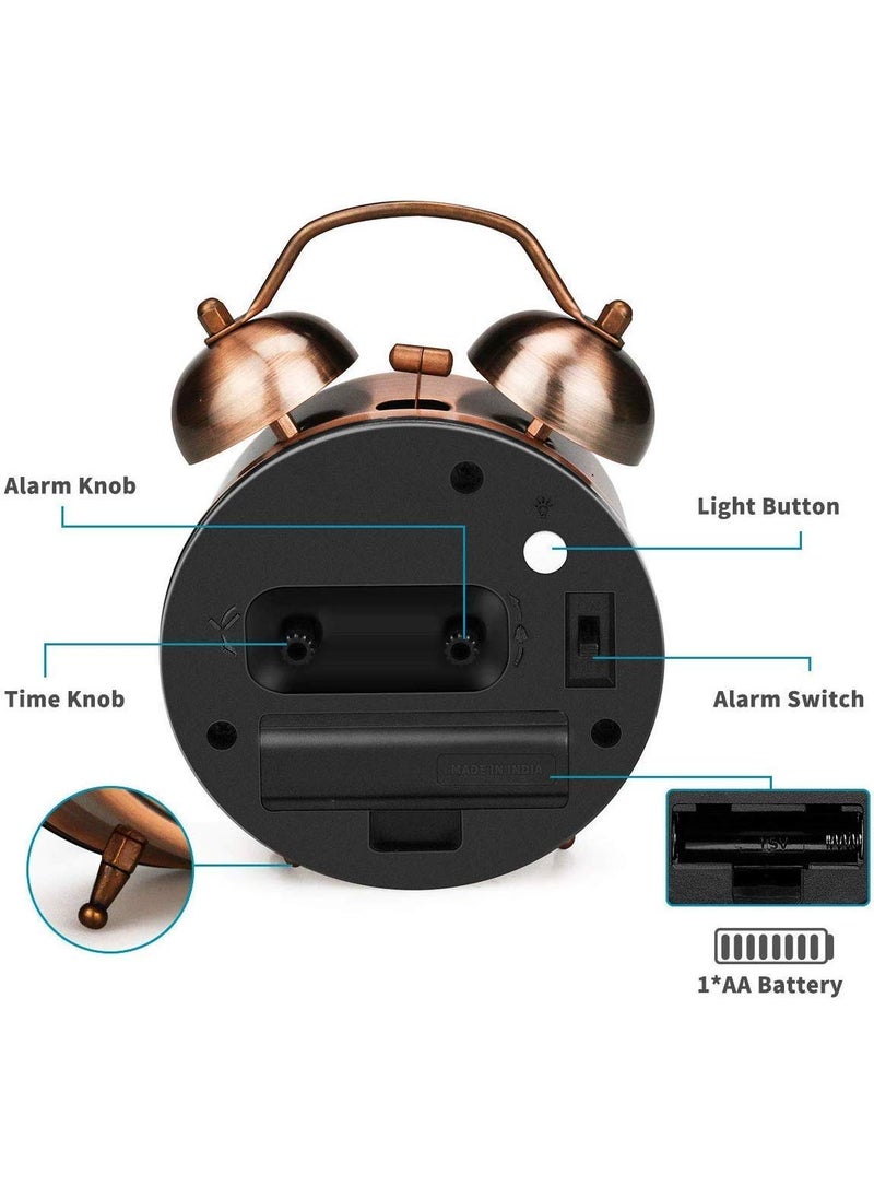 DPISZONE Vintage Twin Bell Copper Table Alarm Clock with Night Led Light for Heavy Sleepers KidsStudentsBedroom Size 65X22X47 Inch