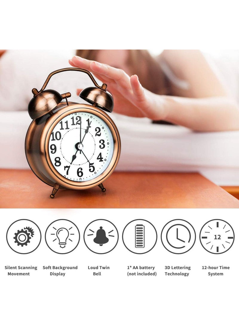 DPISZONE Vintage Twin Bell Copper Table Alarm Clock with Night Led Light for Heavy Sleepers KidsStudentsBedroom Size 65X22X47 Inch