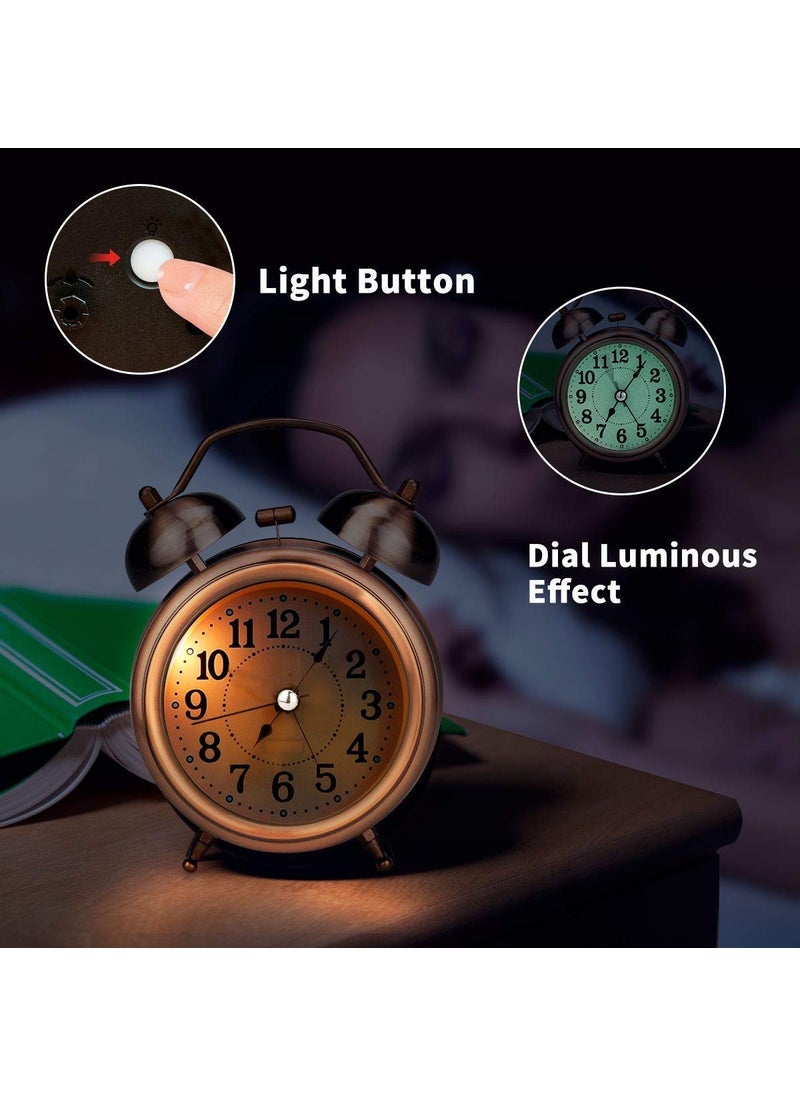 DPISZONE Vintage Twin Bell Copper Table Alarm Clock with Night Led Light for Heavy Sleepers KidsStudentsBedroom Size 65X22X47 Inch