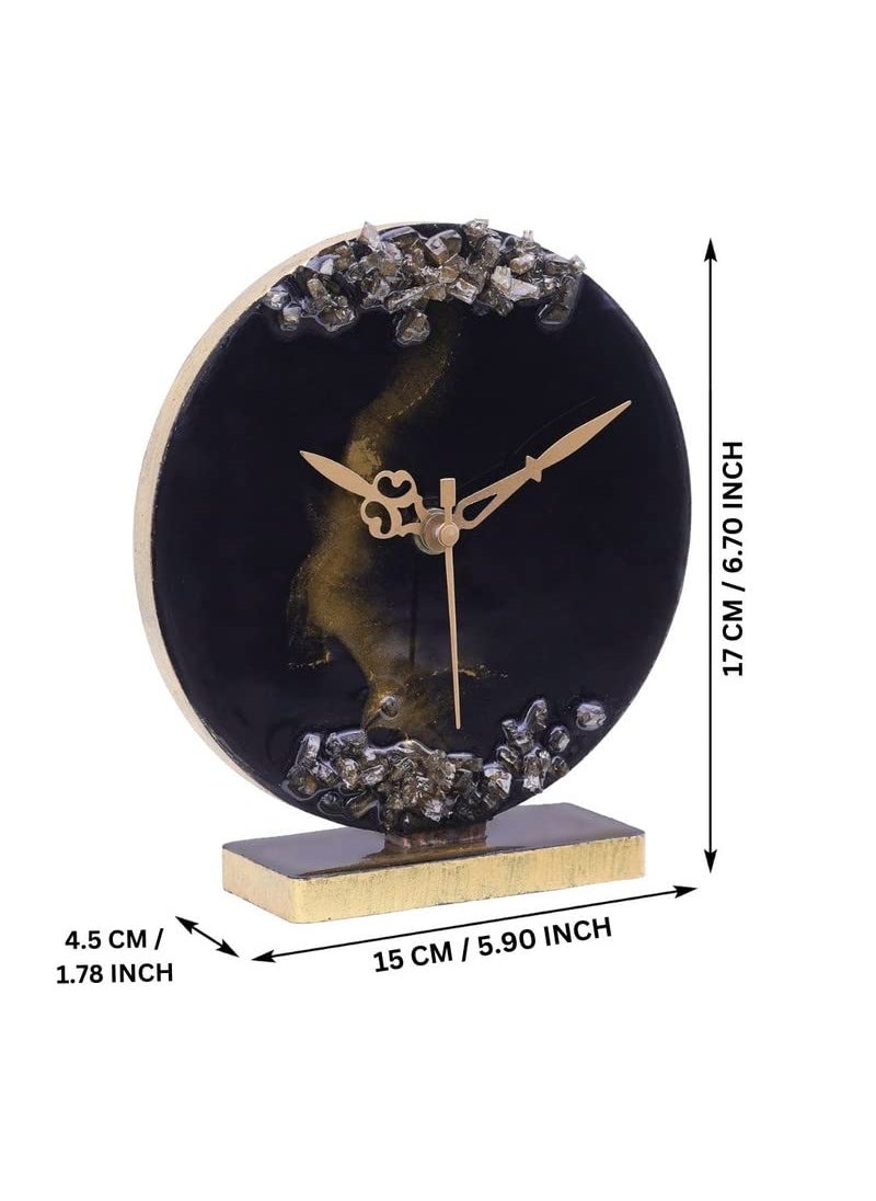 CHRONIKLE Elegant EpoxyResin Round Handmade with Golden Color Shade and Stone Art Home Office Decor Black Analog Table Clock Without Glass for Gift Size 15x45x17 CM Weight 225 Gram