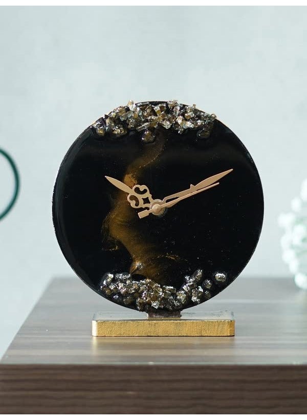CHRONIKLE Elegant EpoxyResin Round Handmade with Golden Color Shade and Stone Art Home Office Decor Black Analog Table Clock Without Glass for Gift Size 15x45x17 CM Weight 225 Gram