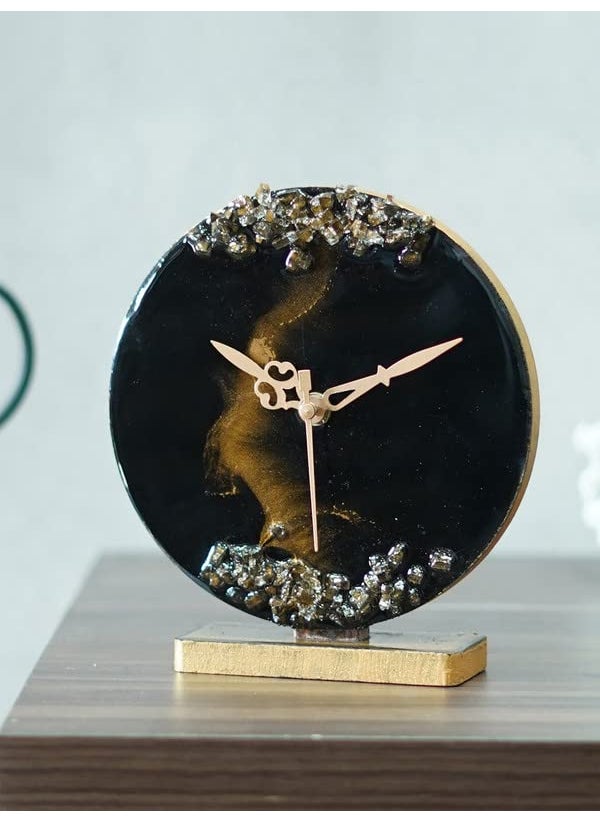 CHRONIKLE Elegant EpoxyResin Round Handmade with Golden Color Shade and Stone Art Home Office Decor Black Analog Table Clock Without Glass for Gift Size 15x45x17 CM Weight 225 Gram
