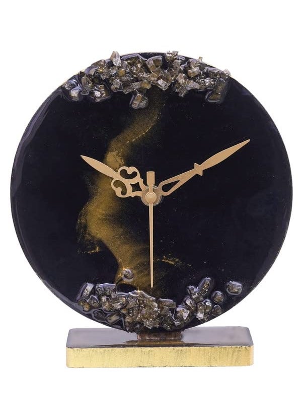 CHRONIKLE Elegant EpoxyResin Round Handmade with Golden Color Shade and Stone Art Home Office Decor Black Analog Table Clock Without Glass for Gift Size 15x45x17 CM Weight 225 Gram