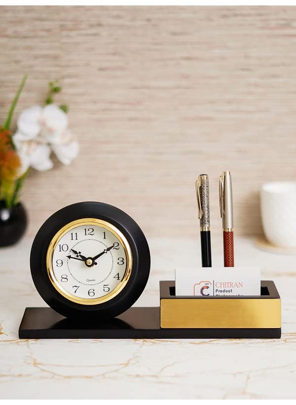 CHRONIKLE Decorative Wooden Case Analog Pen Stand Table Clock for Office Desk Study Room Home Decorations Gifts Size 27 x 75 x 135 CM Weight 490 Gram Color Black