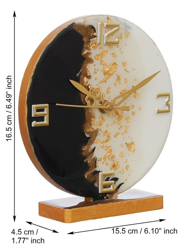 CHRONIKLE Beautiful EpoxyResin Round Handmade White and Black with Golden Shade Analog Table Top Office Desk Clock for Home Decoration Gifts Size 15 x 45 x 17 CM Weight 227 grm