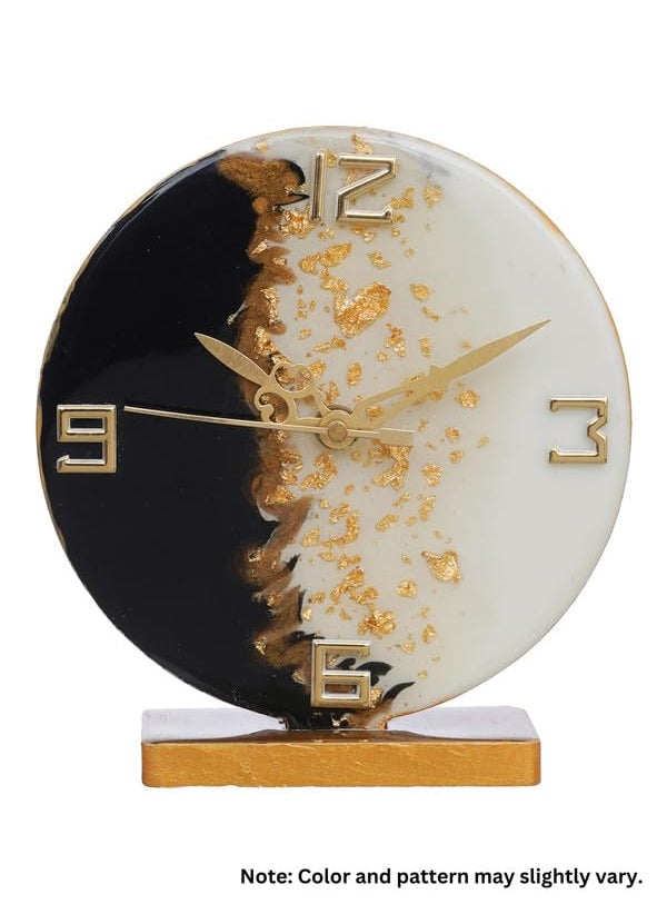CHRONIKLE Beautiful EpoxyResin Round Handmade White and Black with Golden Shade Analog Table Top Office Desk Clock for Home Decoration Gifts Size 15 x 45 x 17 CM Weight 227 grm