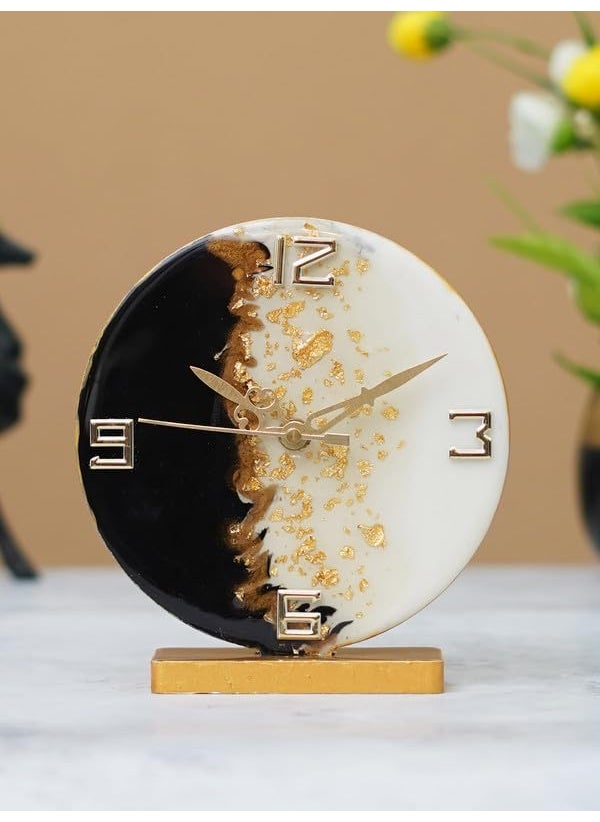 CHRONIKLE Beautiful EpoxyResin Round Handmade White and Black with Golden Shade Analog Table Top Office Desk Clock for Home Decoration Gifts Size 15 x 45 x 17 CM Weight 227 grm