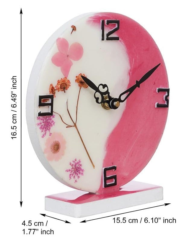 CHRONIKLE Beautiful EpoxyResin Round Handmade White and Pink Flower Art Analog Table Top Office Desk Clock for Home Decoration Gifts Size 15 x 45 x 17 CM Weight 227 grm