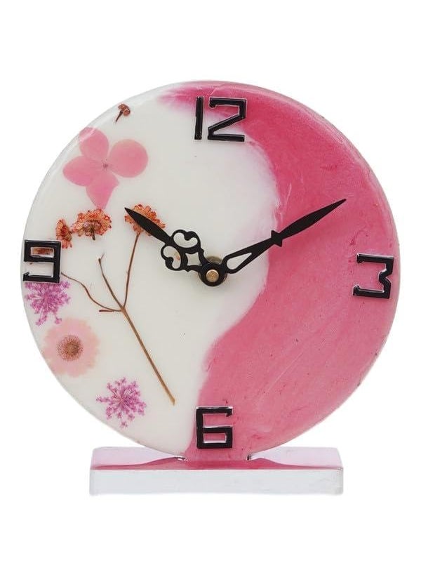 CHRONIKLE Beautiful EpoxyResin Round Handmade White and Pink Flower Art Analog Table Top Office Desk Clock for Home Decoration Gifts Size 15 x 45 x 17 CM Weight 227 grm