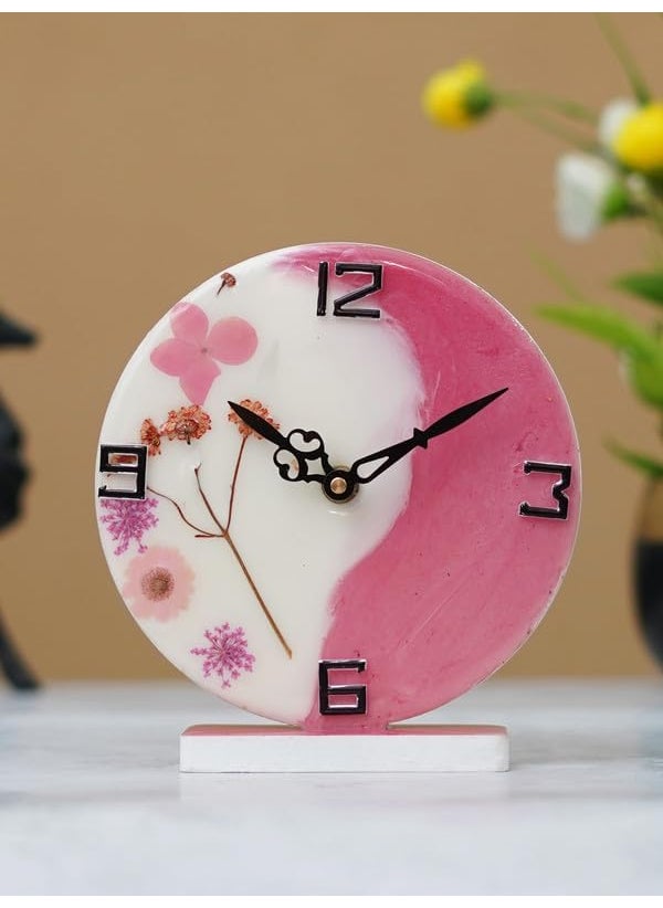 CHRONIKLE Beautiful EpoxyResin Round Handmade White and Pink Flower Art Analog Table Top Office Desk Clock for Home Decoration Gifts Size 15 x 45 x 17 CM Weight 227 grm