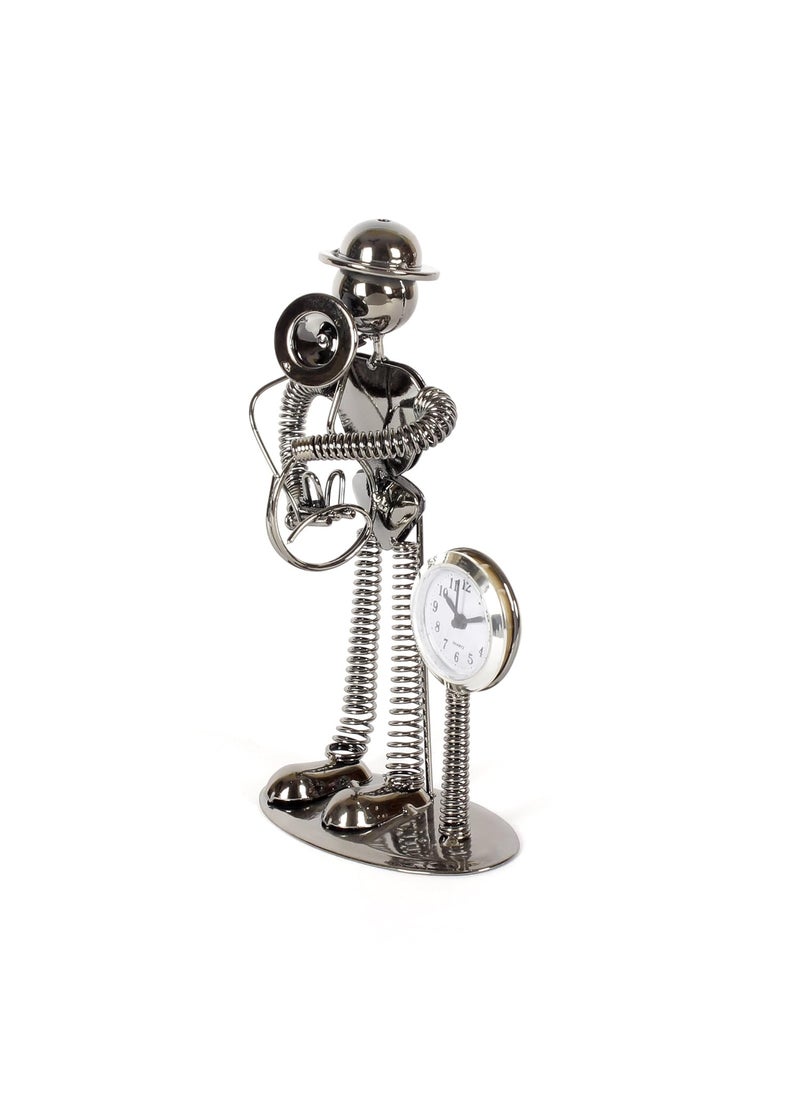 JEWEL FUEL Iron Table Clock and Musician Playing French Horn Showpiece