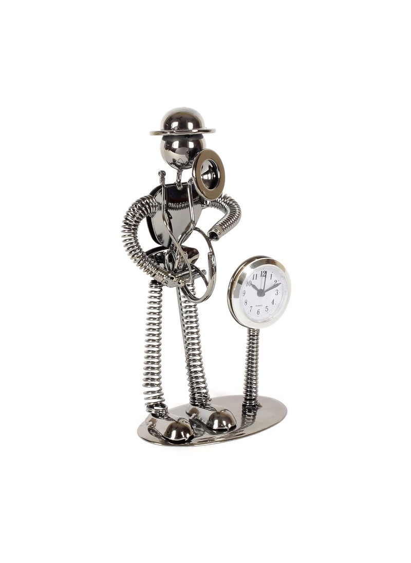 JEWEL FUEL Iron Table Clock and Musician Playing French Horn Showpiece
