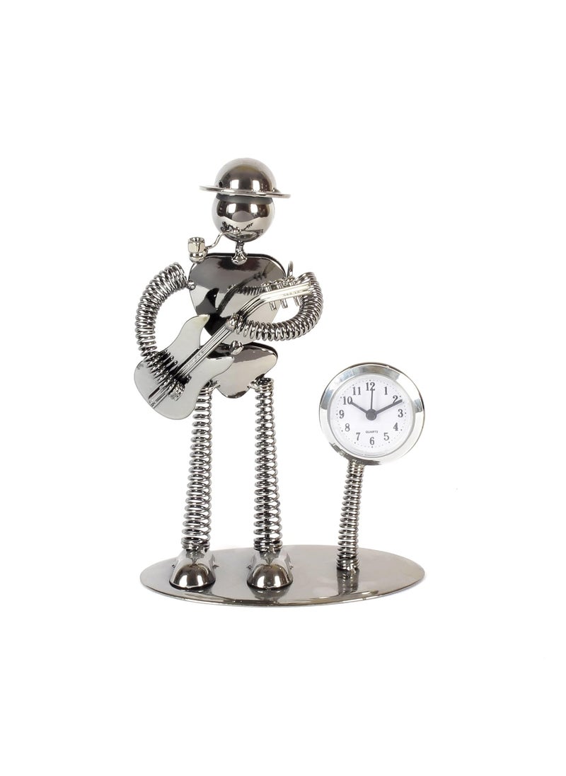 JEWEL FUEL Iron Table Clock and Musician Playing Bass Guitar Showpiece