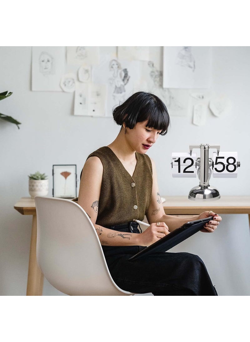 KENJIEY Stainless Steel Flip Clock Retro Flip Down Clock Mechanical Digital Flip Desk Clock Internal Gear Operated Flip Down Clock Battery Powered For Home Office Decor White 231 Cm