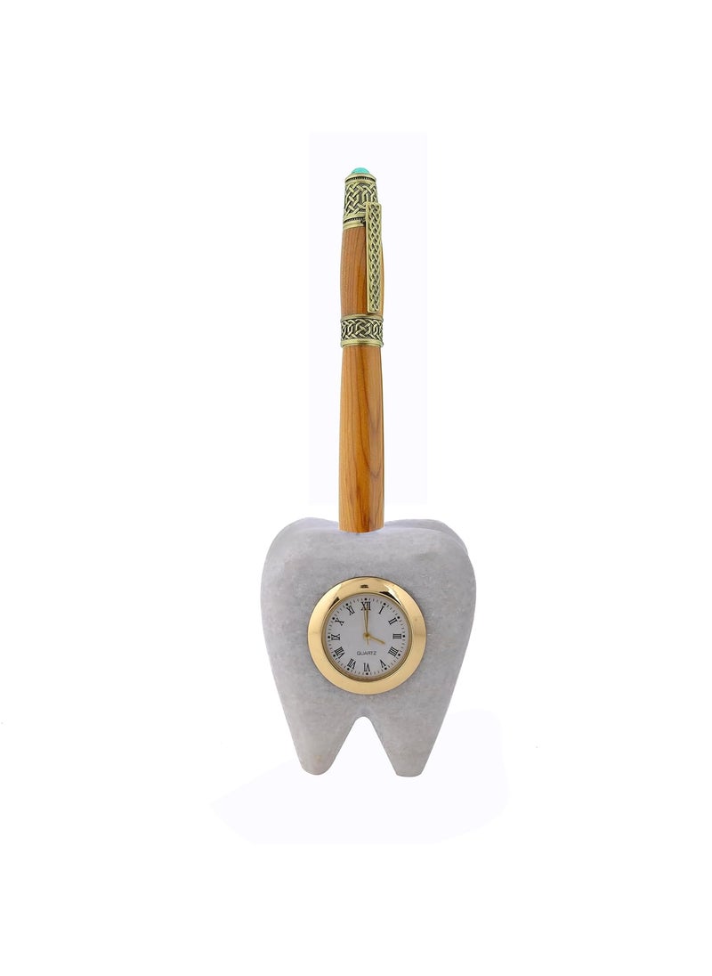SAUDEEP INDIA Tooth Shape Dentist Desk Marbel Table Clock and Pen Holder for Decor and Paper Weight Ideal Gift for Dentists and Doctors