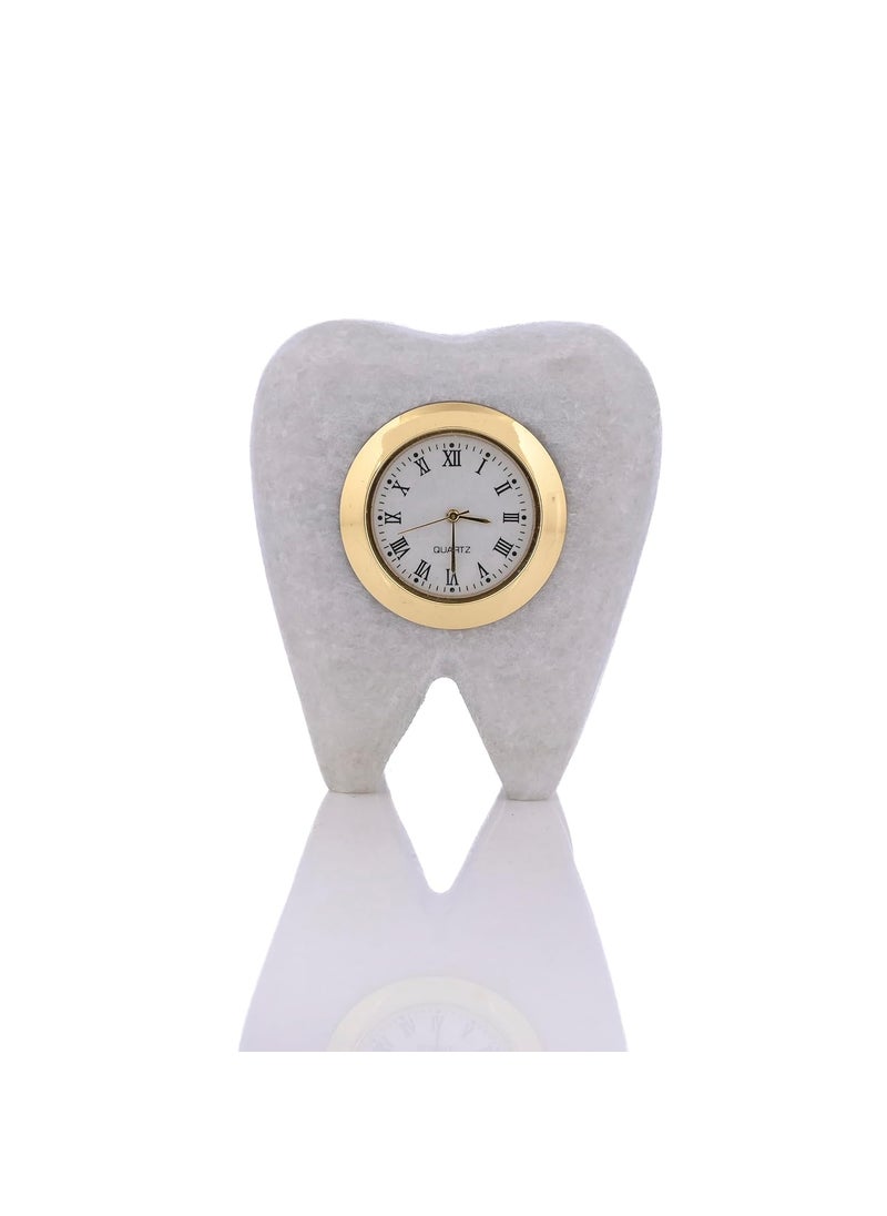 SAUDEEP INDIA Tooth Shape Dentist Desk Marbel Table Clock and Pen Holder for Decor and Paper Weight Ideal Gift for Dentists and Doctors