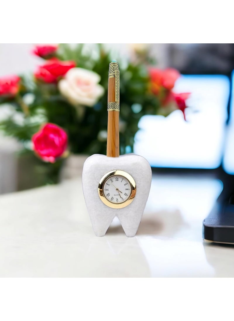 SAUDEEP INDIA Tooth Shape Dentist Desk Marbel Table Clock and Pen Holder for Decor and Paper Weight Ideal Gift for Dentists and Doctors