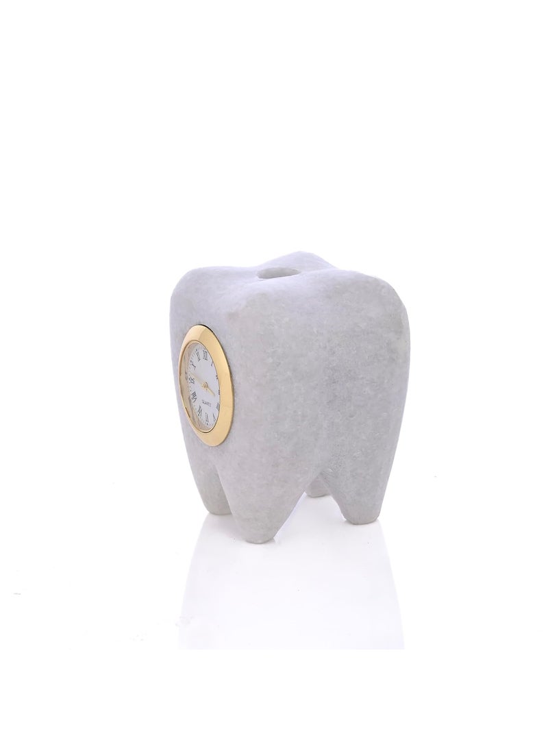 SAUDEEP INDIA Tooth Shape Dentist Desk Marbel Table Clock and Pen Holder for Decor and Paper Weight Ideal Gift for Dentists and Doctors