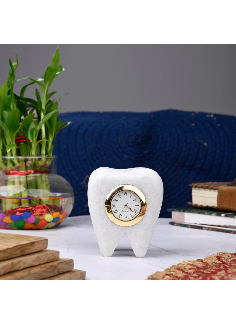 SAUDEEP INDIA Tooth Shape Dentist Desk Marbel Table Clock and Pen Holder for Decor and Paper Weight Ideal Gift for Dentists and Doctors