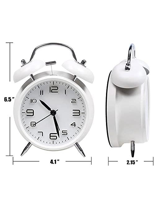 NXZ Loud Alarm Clock Vintage Alarm Clock Twin Bell Alarm Clock for Heavy Sleeper Silent and noTicking 6 inches 3D Dial with Backlight Battery Alarm Clock White