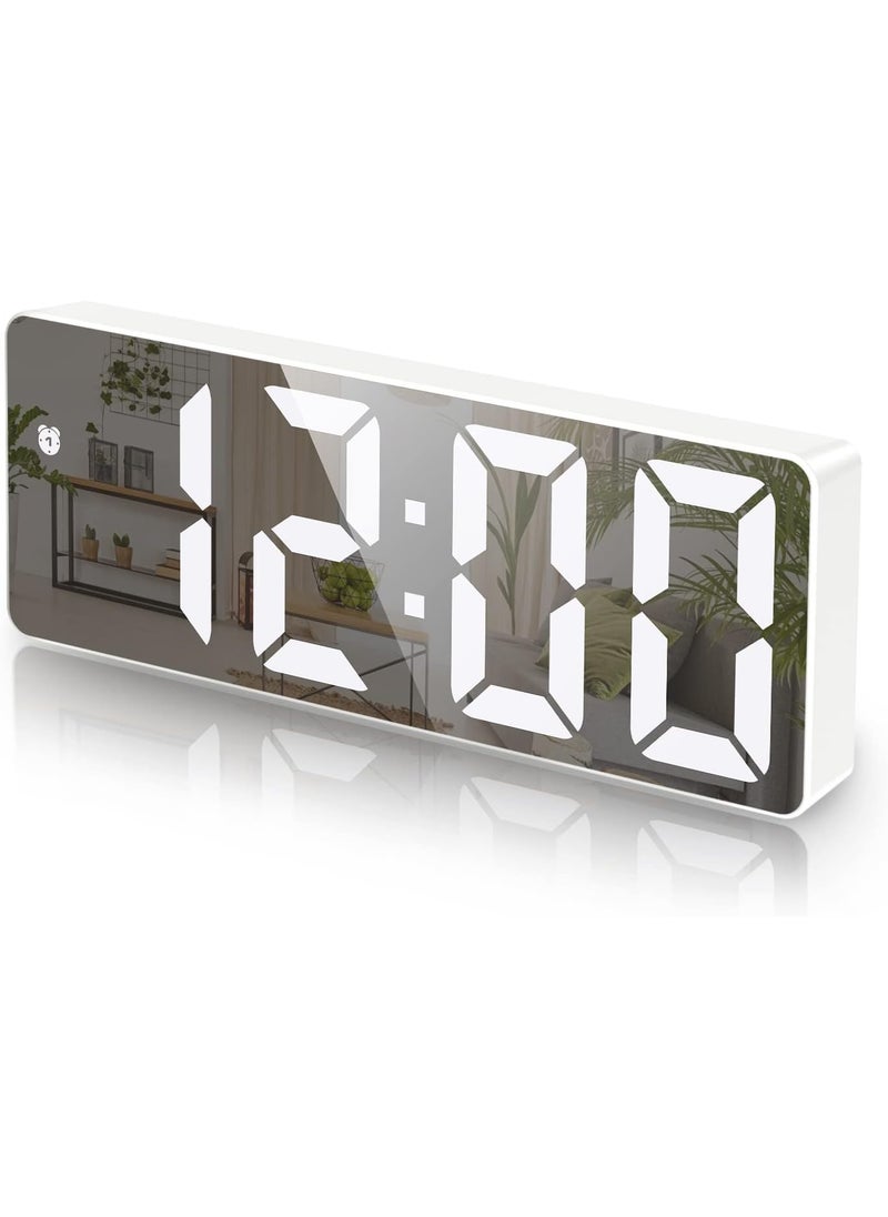 KRESHU LED Mirror Digital Alarm Clock Electronic Desktop Temperature Display with 3 Ways Adjustable Brightness 1224H Clock 65 Inch Screen Snooze Timing Dimmer Power Saving Function White 1Pcs