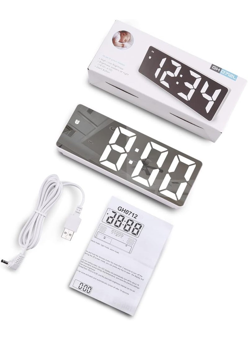 KRESHU LED Mirror Digital Alarm Clock Electronic Desktop Temperature Display with 3 Ways Adjustable Brightness 1224H Clock 65 Inch Screen Snooze Timing Dimmer Power Saving Function White 1Pcs