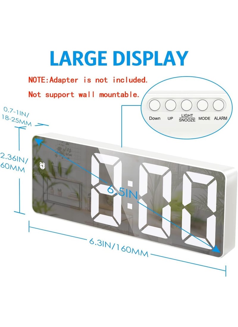KRESHU LED Mirror Digital Alarm Clock Electronic Desktop Temperature Display with 3 Ways Adjustable Brightness 1224H Clock 65 Inch Screen Snooze Timing Dimmer Power Saving Function White 1Pcs
