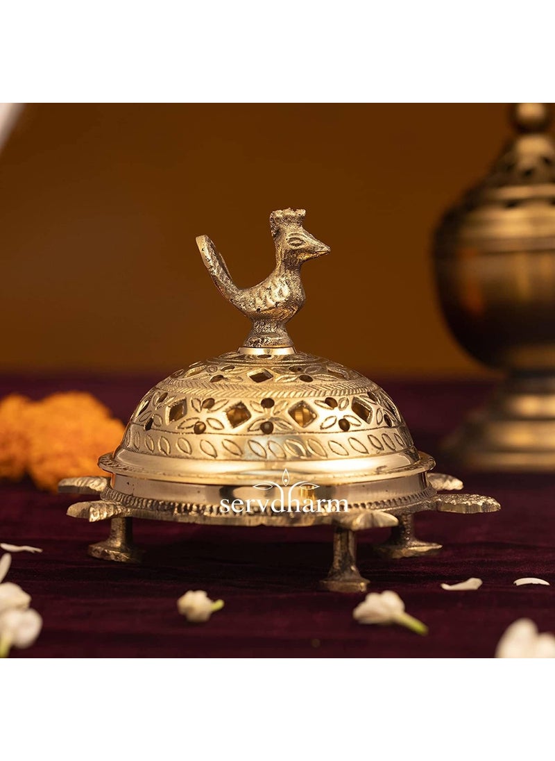 ServDharm Brass Incense Burner Peacock Tortoise Dhoop Dani Dhuni Brass Incense Loban Sambrani Burner Height 55 Inches Weight 500 GMS Brass Metal Round Gold
