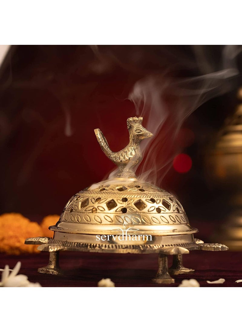 ServDharm Brass Incense Burner Peacock Tortoise Dhoop Dani Dhuni Brass Incense Loban Sambrani Burner Height 55 Inches Weight 500 GMS Brass Metal Round Gold