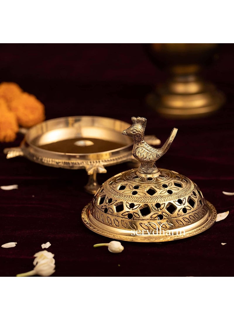 ServDharm Brass Incense Burner Peacock Tortoise Dhoop Dani Dhuni Brass Incense Loban Sambrani Burner Height 55 Inches Weight 500 GMS Brass Metal Round Gold