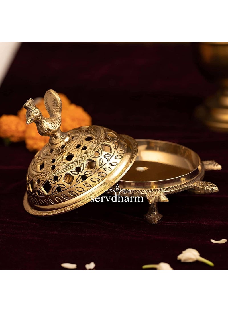 ServDharm Brass Incense Burner Peacock Tortoise Dhoop Dani Dhuni Brass Incense Loban Sambrani Burner Height 55 Inches Weight 500 GMS Brass Metal Round Gold