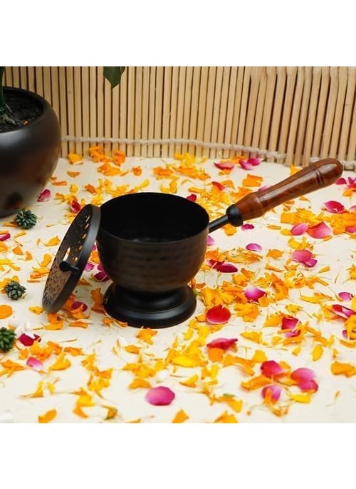 ServDharm Hammered Base Incense Burner Home Purifying Loban Dhoop Dani Dhuni Diameter 35 inMetal Round Black