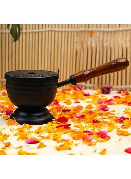 ServDharm Hammered Base Incense Burner Home Purifying Loban Dhoop Dani Dhuni Diameter 35 inMetal Round Black
