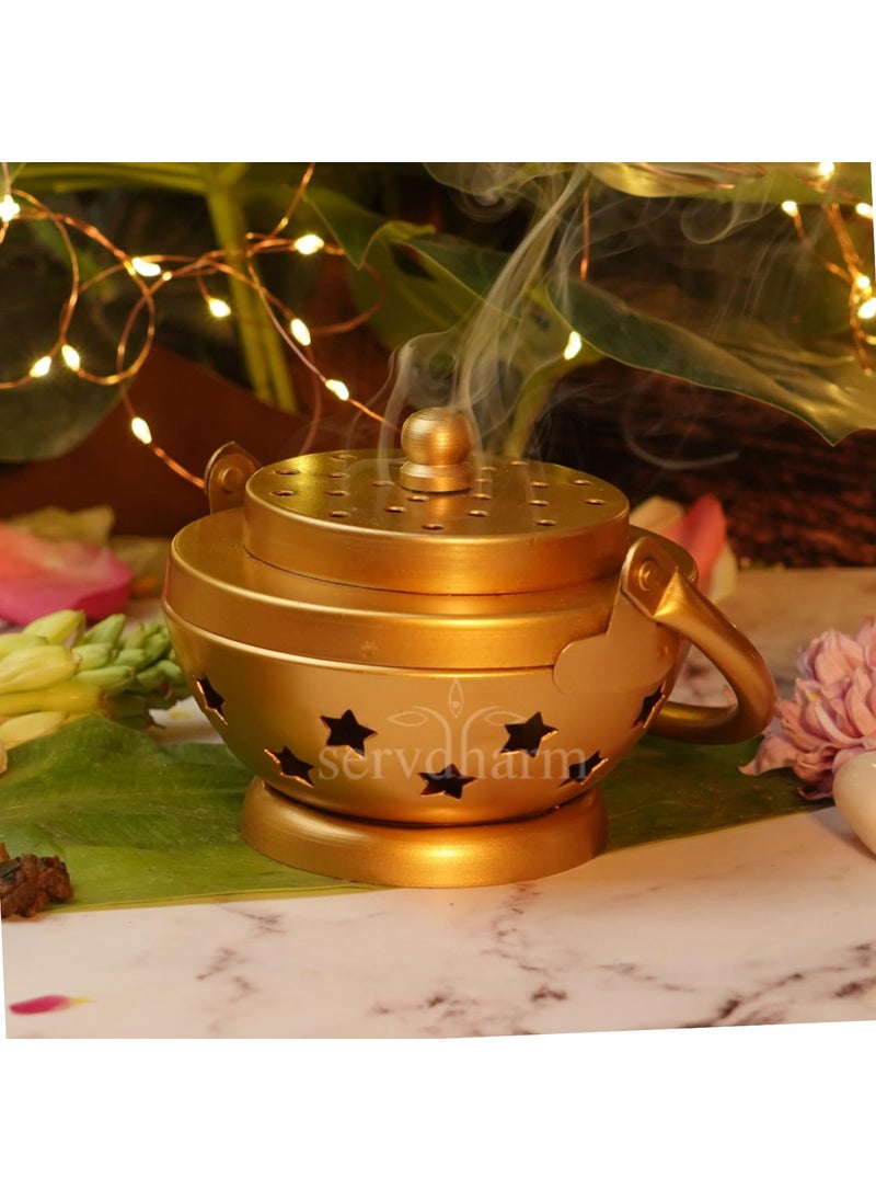 ServDharm Metal Home Purifying Dhoop Dani Loban Incence Burner Diameter 35 Metal Round Gold Large