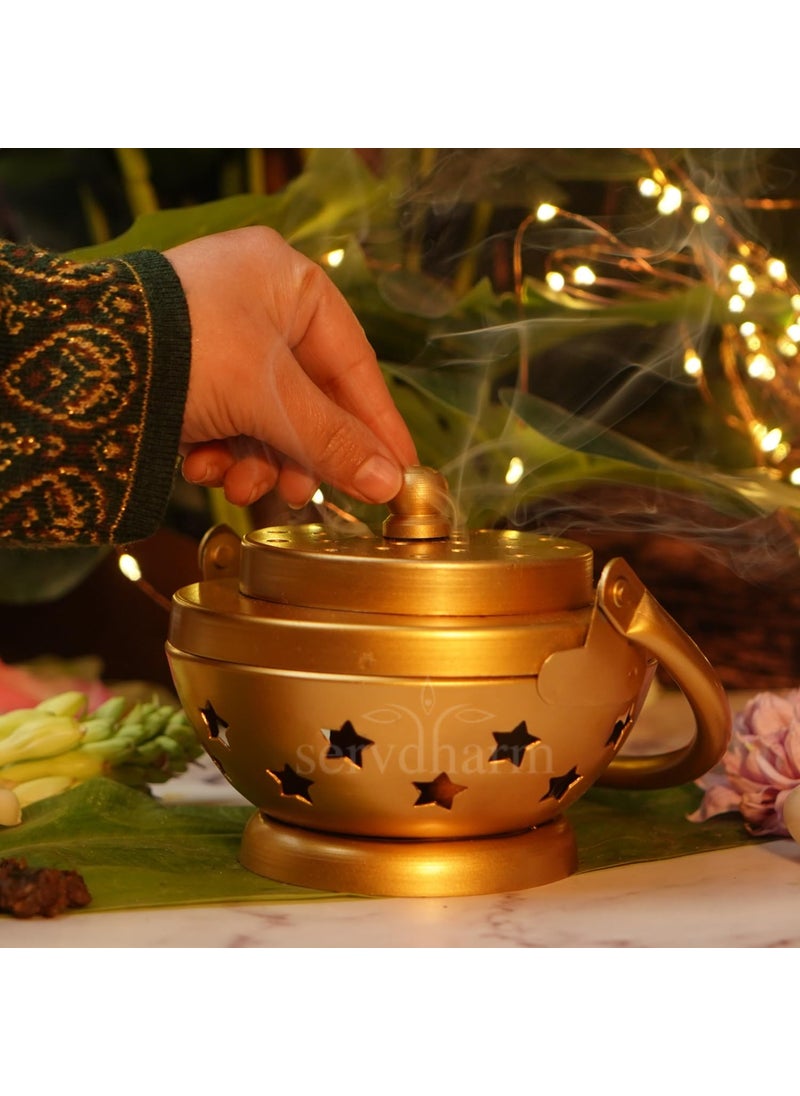 ServDharm Metal Home Purifying Dhoop Dani Loban Incence Burner Diameter 35 Metal Round Gold Large