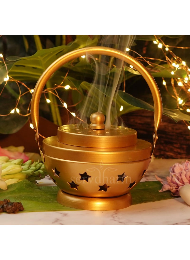 ServDharm Metal Home Purifying Dhoop Dani Loban Incence Burner Diameter 35 Metal Round Gold Large