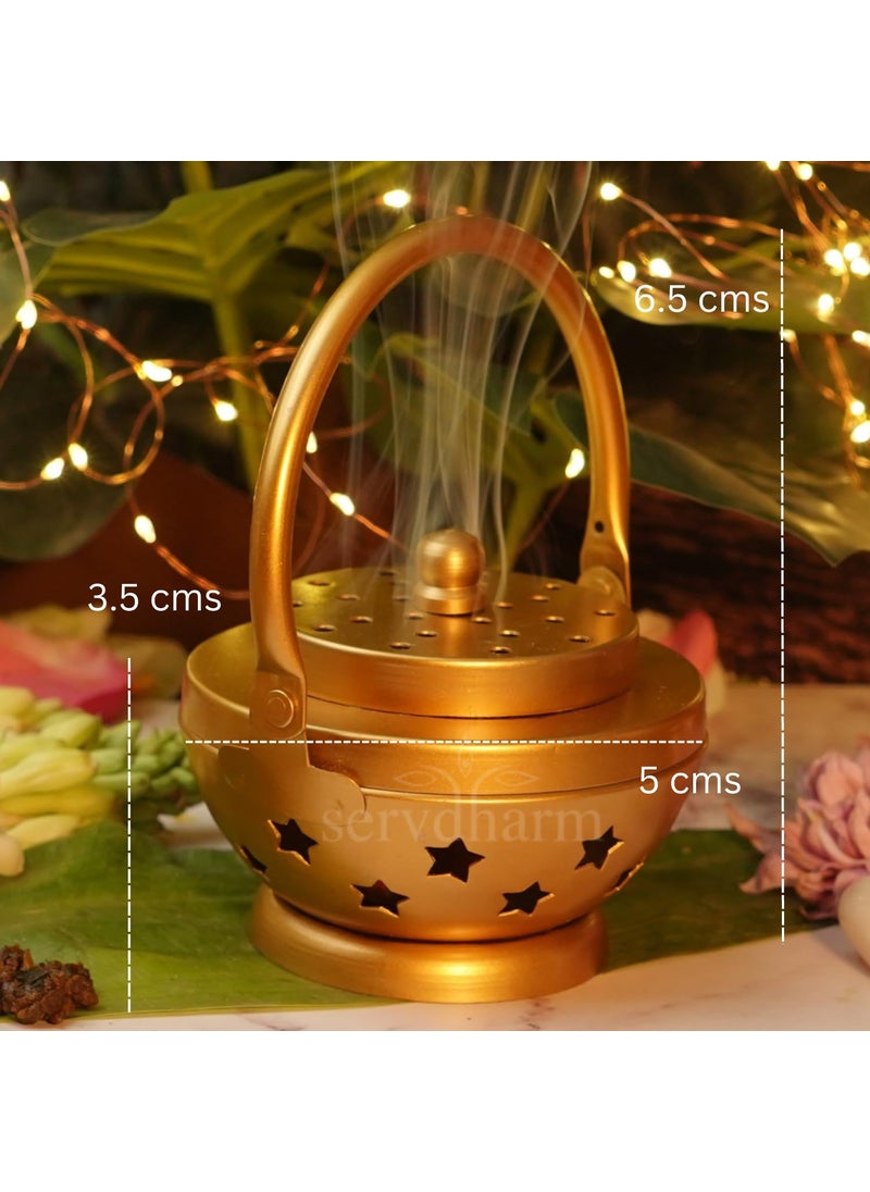 ServDharm Metal Home Purifying Dhoop Dani Loban Incence Burner Diameter 35 Metal Round Gold Large