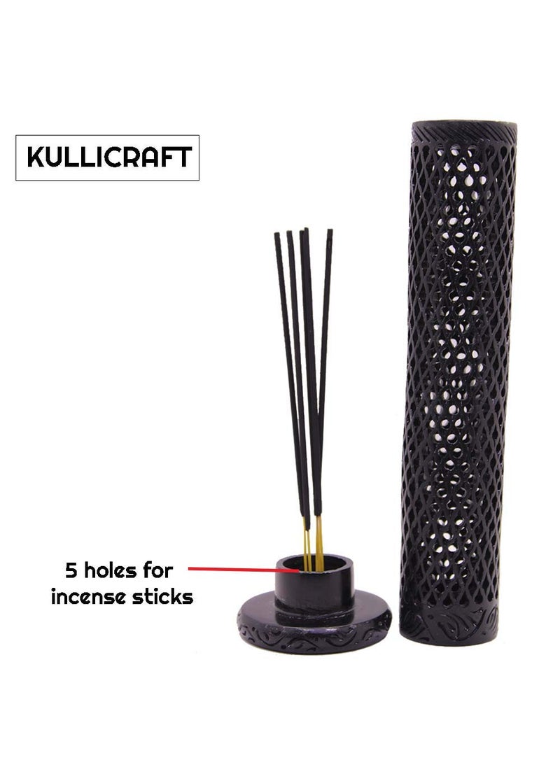 KC KULLICRAFT Marble Soapstone Black Incense Stick Holder Agarbatti Stand Tea Light BurnerHandmade Jaali Carving for Home DecorRound