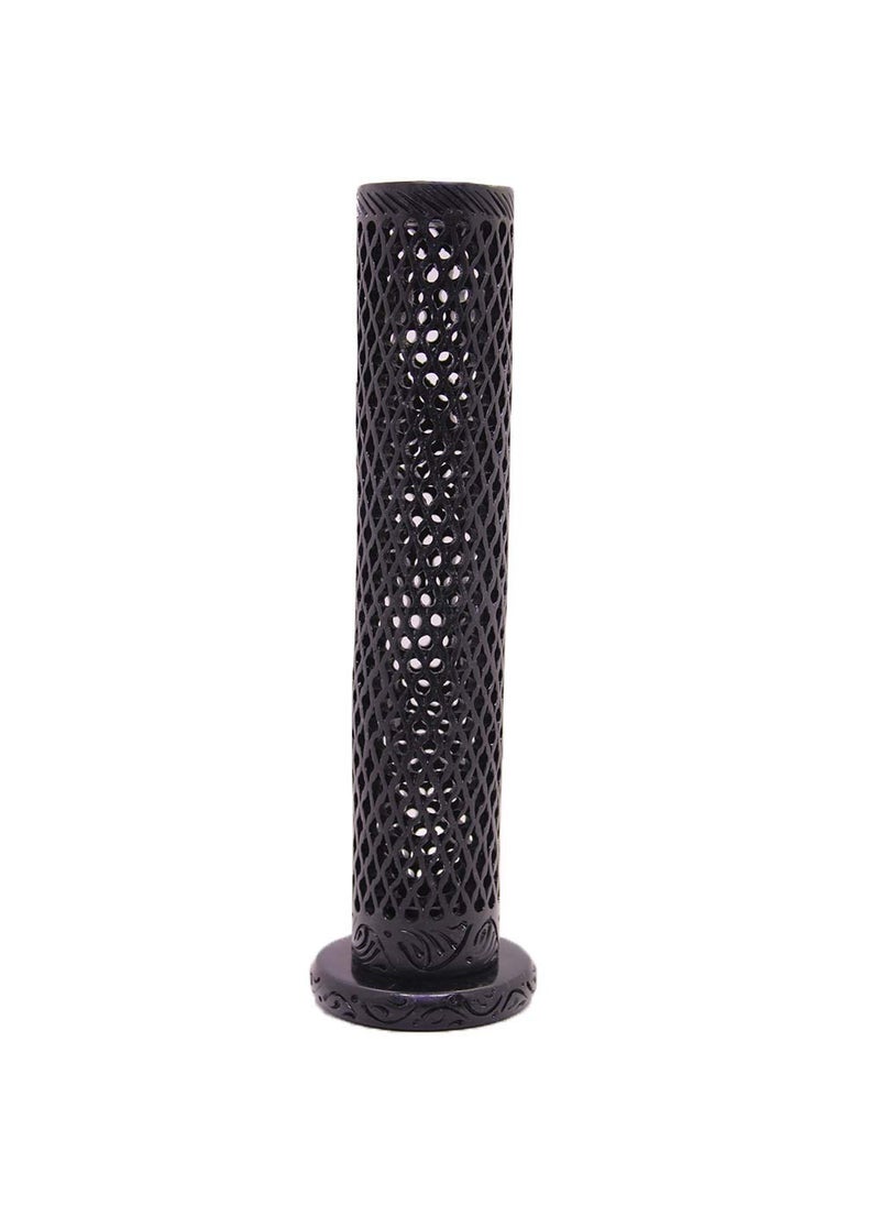 KC KULLICRAFT Marble Soapstone Black Incense Stick Holder Agarbatti Stand Tea Light BurnerHandmade Jaali Carving for Home DecorRound