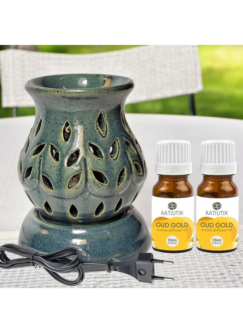 Aatiutik Handcrafted Ceramic Electric Fragrance Aroma Diffuser Oil Burners Nigh Lamp Light Electric Diffuser for Home Oud Gold Fragrance Oils of 10 ml Each
