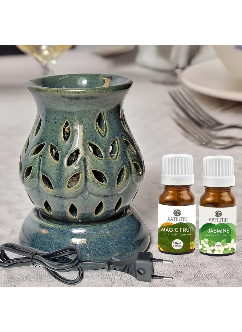 Aatiutik Handcrafted Ceramic Electric Fragrance Aroma Diffuser Oil Burners Nigh Lamp Light Electric Diffuser for Home Magic Fruit and Jasmine Fragrance Oils of 10 ml Each
