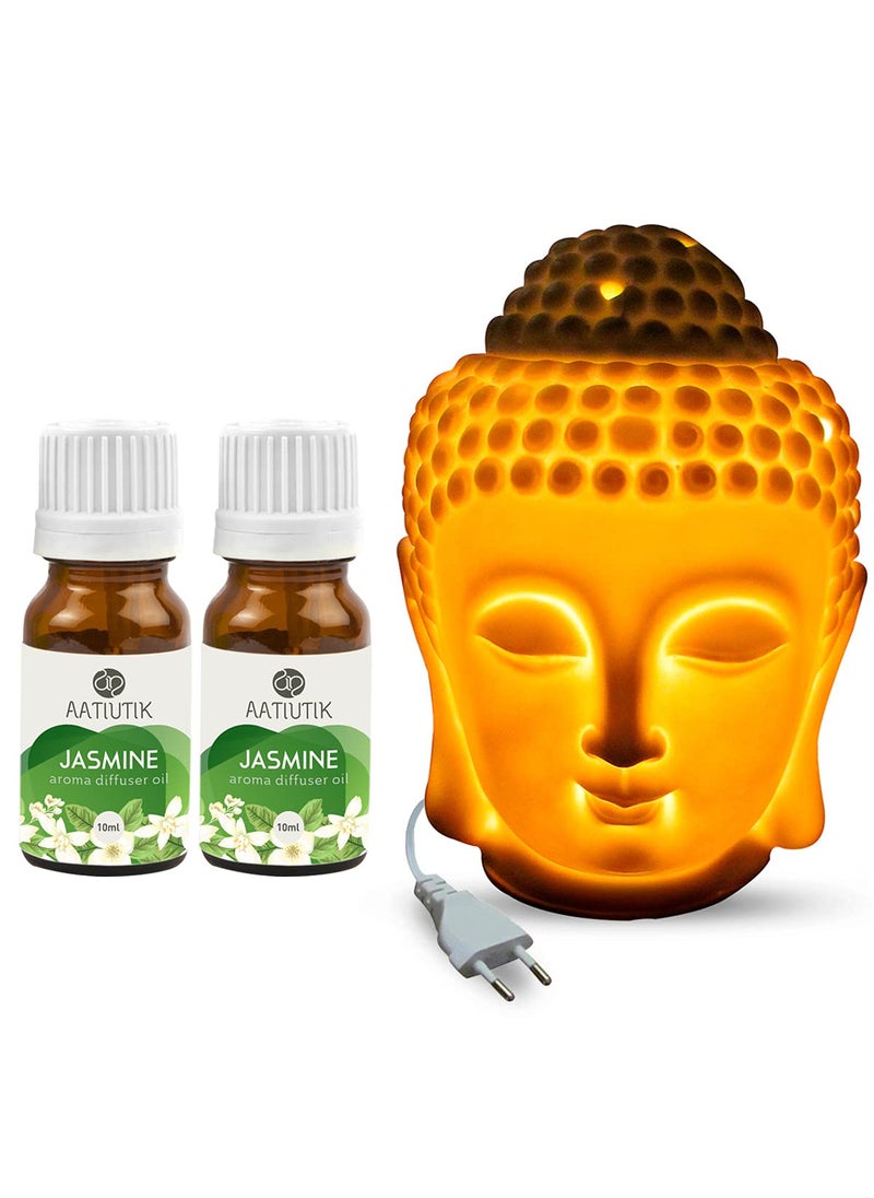 Aatiutik Ceramic Electric Buddha Head Aroma Diffuser Oil Burners Home Fragrance Night Lamp Light with Jasmine Aroma Oil 20ml for Home Office Hotel Spa 10x10x14cm White