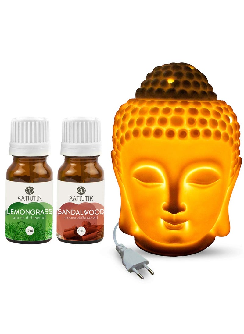 Aatiutik Ceramic Electric Buddha Aroma Diffuser Home Fragrance Night Lamp Light with Lemongrass Sandalwood Aroma Oil 10ml Each for Home Office Hotel Spa Scented 4