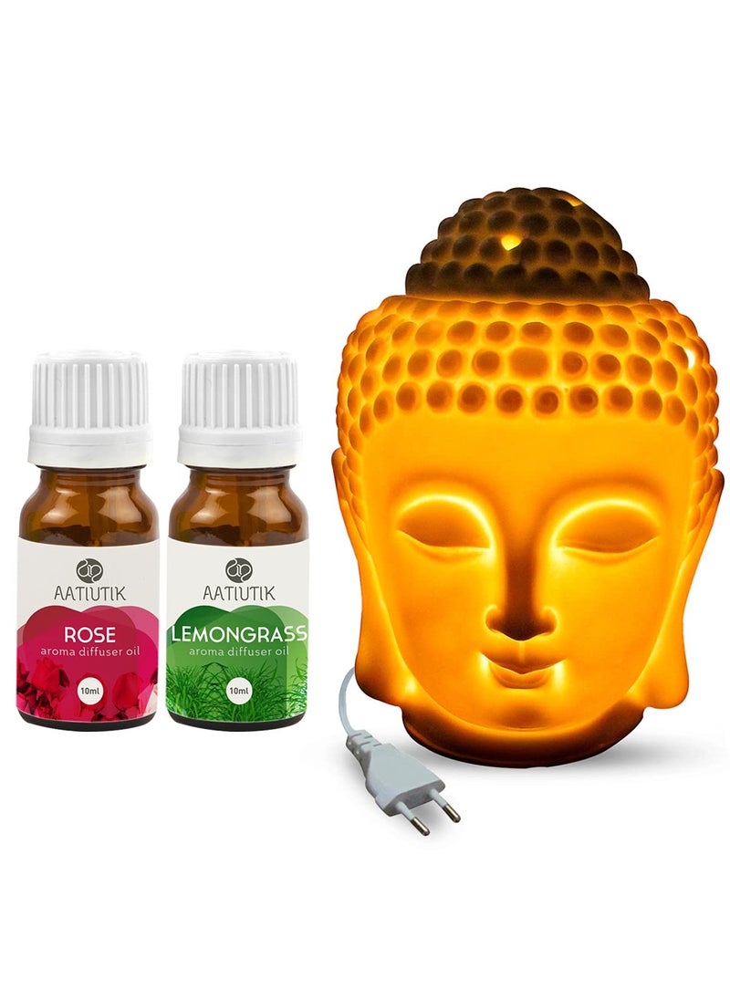 Aatiutik Ceramic Electric Buddha Aroma Diffuser Home Fragrance Night Lamp Light with Lemongrass Sandalwood Aroma Oil 10ml Each for Home Office Hotel Spa Scented 3